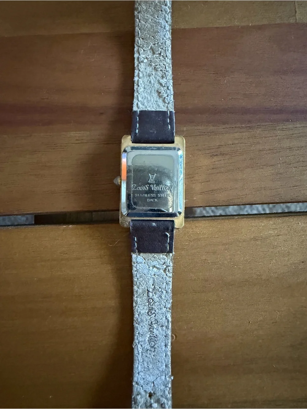 Classic Louis Vuitton Rectangular Gold-Tone Watch with Brown Leather Strap
